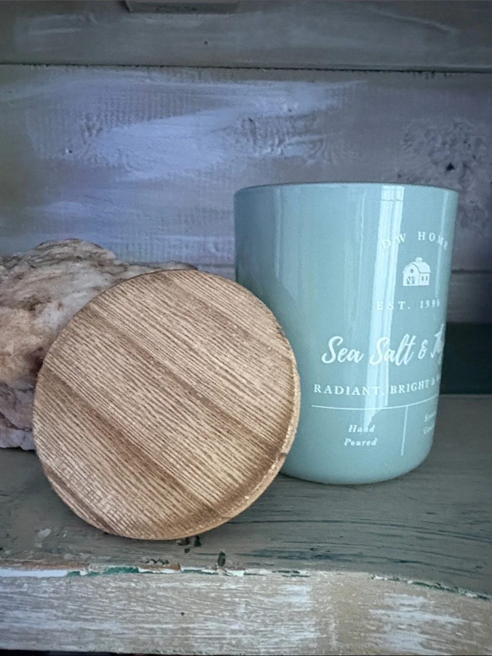 DW Home Sea Salt & Thyme Scented Candle - Light Blue with Wooden Lid